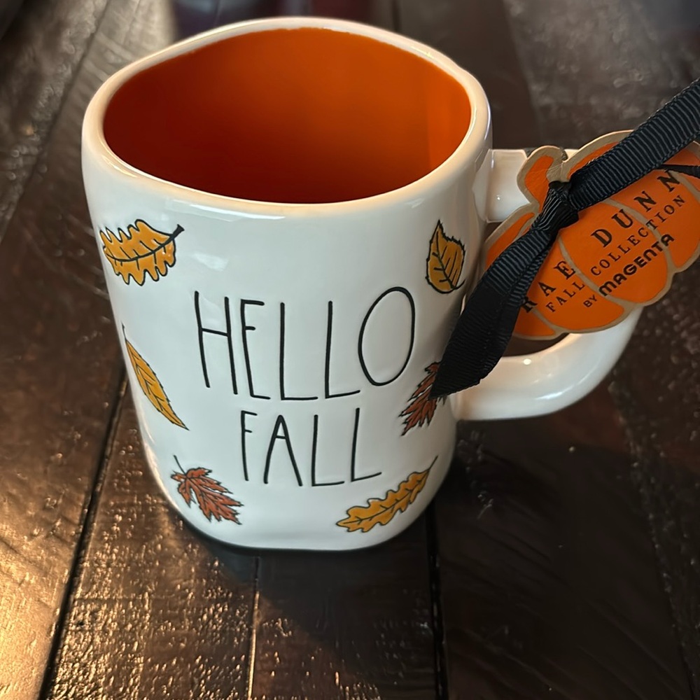 Rae Dunn Hello Fall Coffee Mug with Orange Interior and Fall Leaves